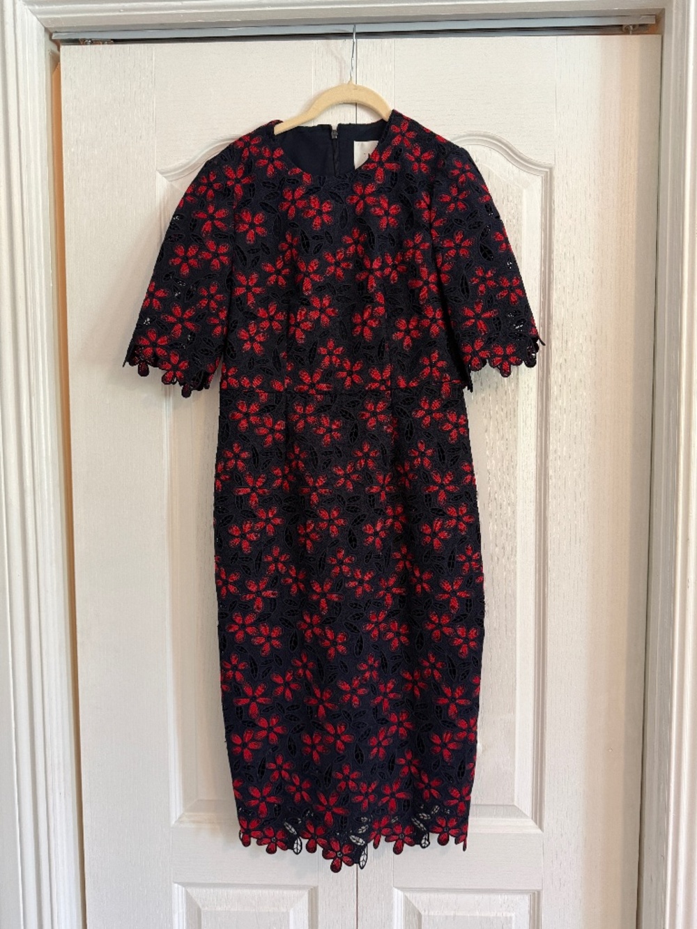 L.K. Bennett Luann Navy Red Floral Lace Midi Dress US 6 UK 10
